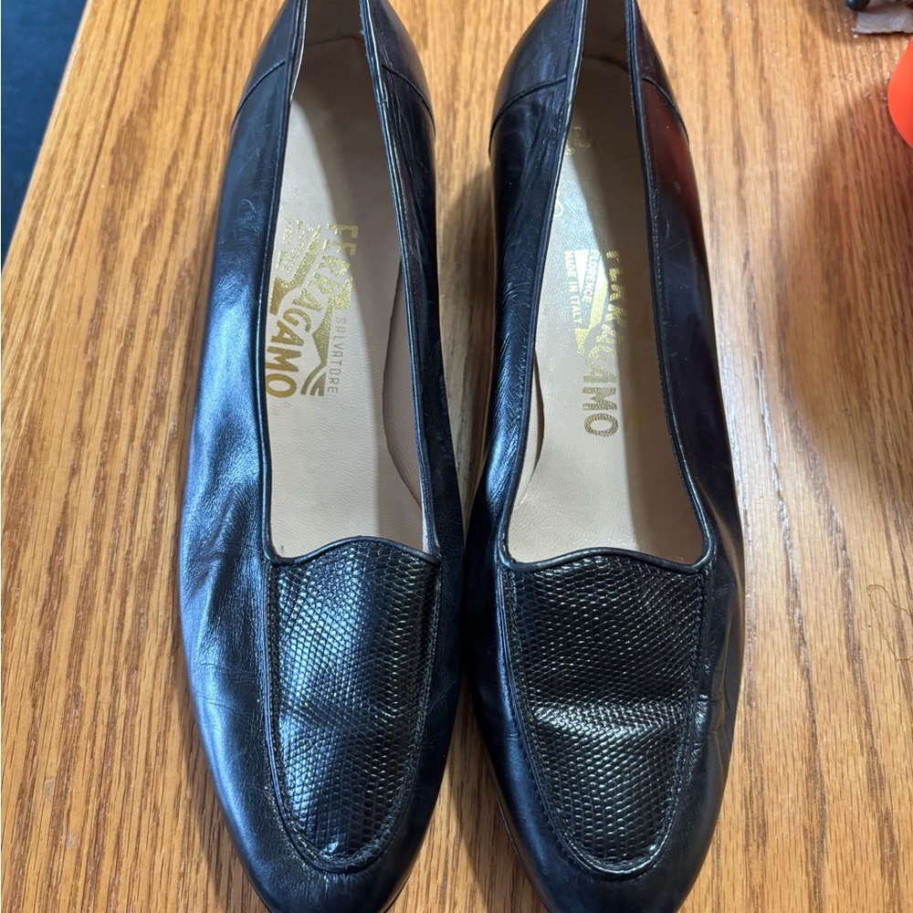 Salvatore Ferragamo Black Leather Loafers with Textured Vamp